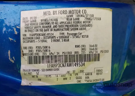 2010 Ford Focus Se z USA, uszkodzony, nr VIN 1FAHP3CN7AW149534